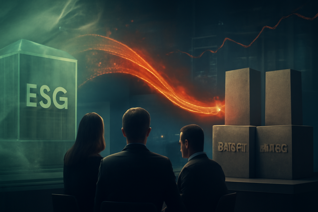 ETFs ESG ainda valem a pena? Do hype verde ao contra-ataque dos ETFs “anti-ESG” Ilustração de carteira de investimentos com ETFs ESG e ETFs de setores tradicionais lado a lado