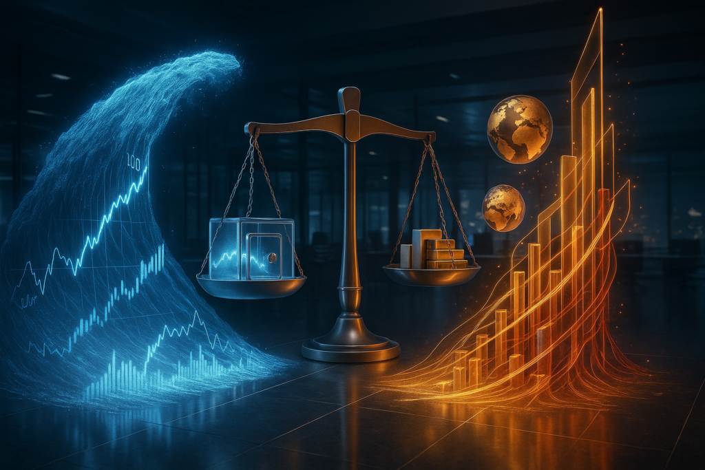 grafico de barras comparando fluxos para caixa money market e etfs de risco em 2025