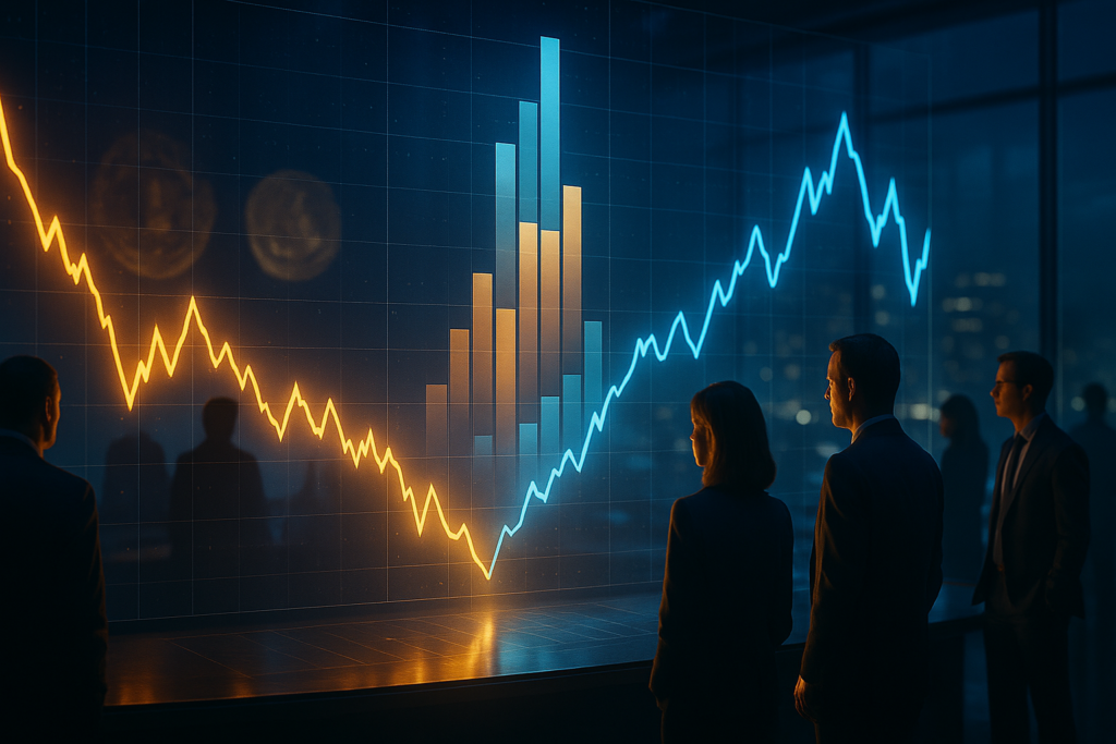 grafico de queda seguida de recuperacao em bitcoin representando estrategia buy the dip via etfs