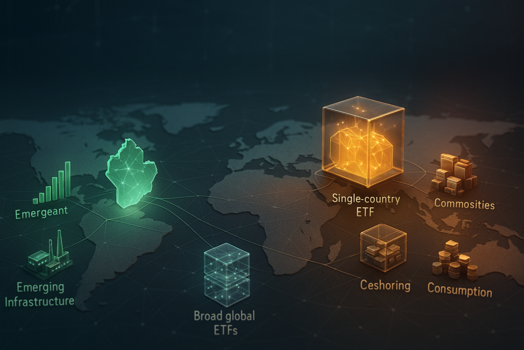 Do Vietnã à Arábia Saudita: o que um ETF de mercados fronteira realmente coloca na sua carteira Mapa estilizado destacando países de mercados fronteira e emergentes acessíveis via ETFs