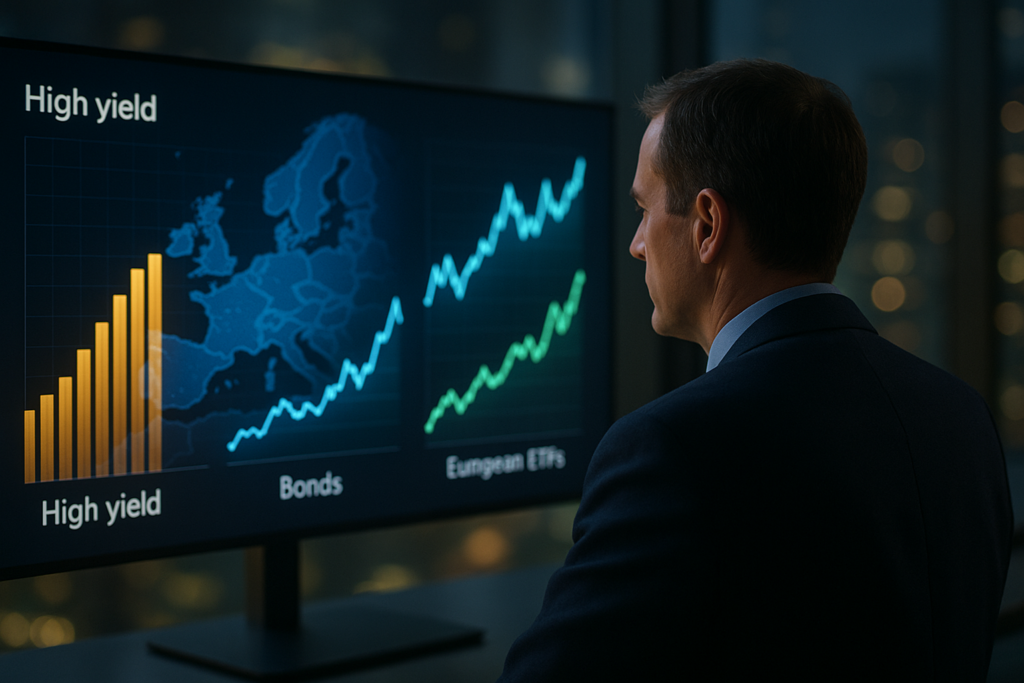 investidor analisando na tela etfs europeus de acoes high yield em euro e titulos soberanos