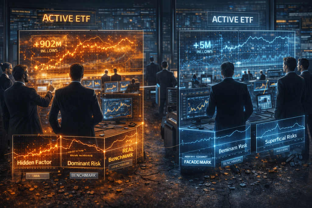 etfs ativos 2026 fluxos fator oculto benchmark real custo total